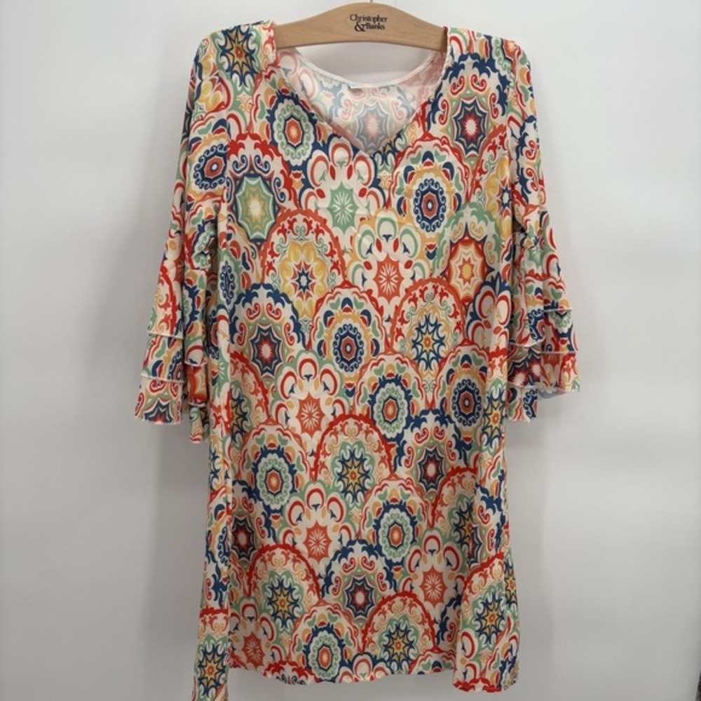 Noracora Size SmallPrinted Tiered Sleeve V-Neck Shift Dress Colorful Boho Hippie